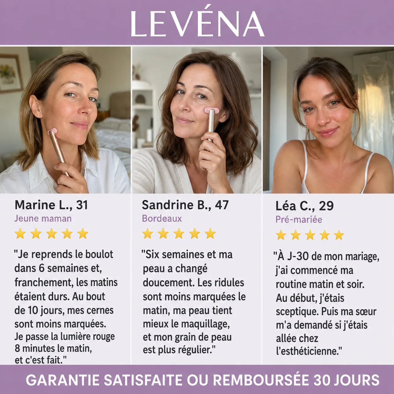 Témoignages de clientes Lévéna avec photo, prénom et cinq étoiles