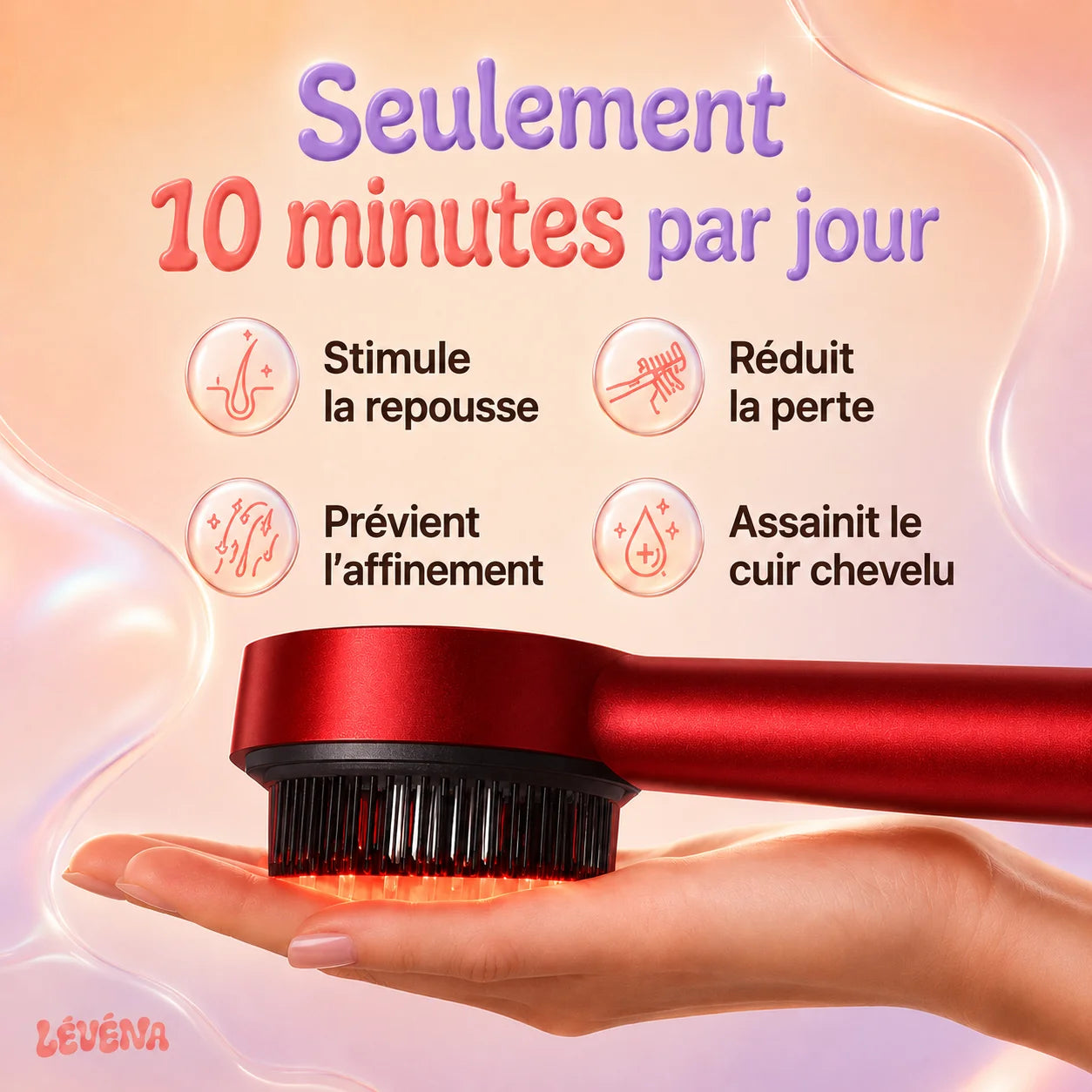 Brosse Lévéna annotée : lumière rouge 660 nm, massage, applicateur d'huile
