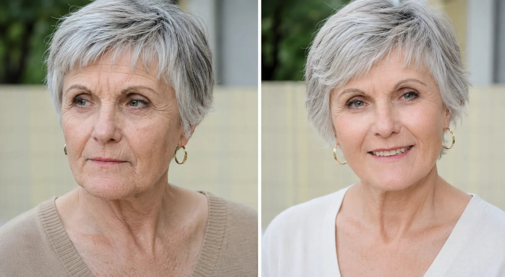 Avant-après sur une femme aux cheveux courts gris : contour de l'œil défatigué et traits reposés, sans injection