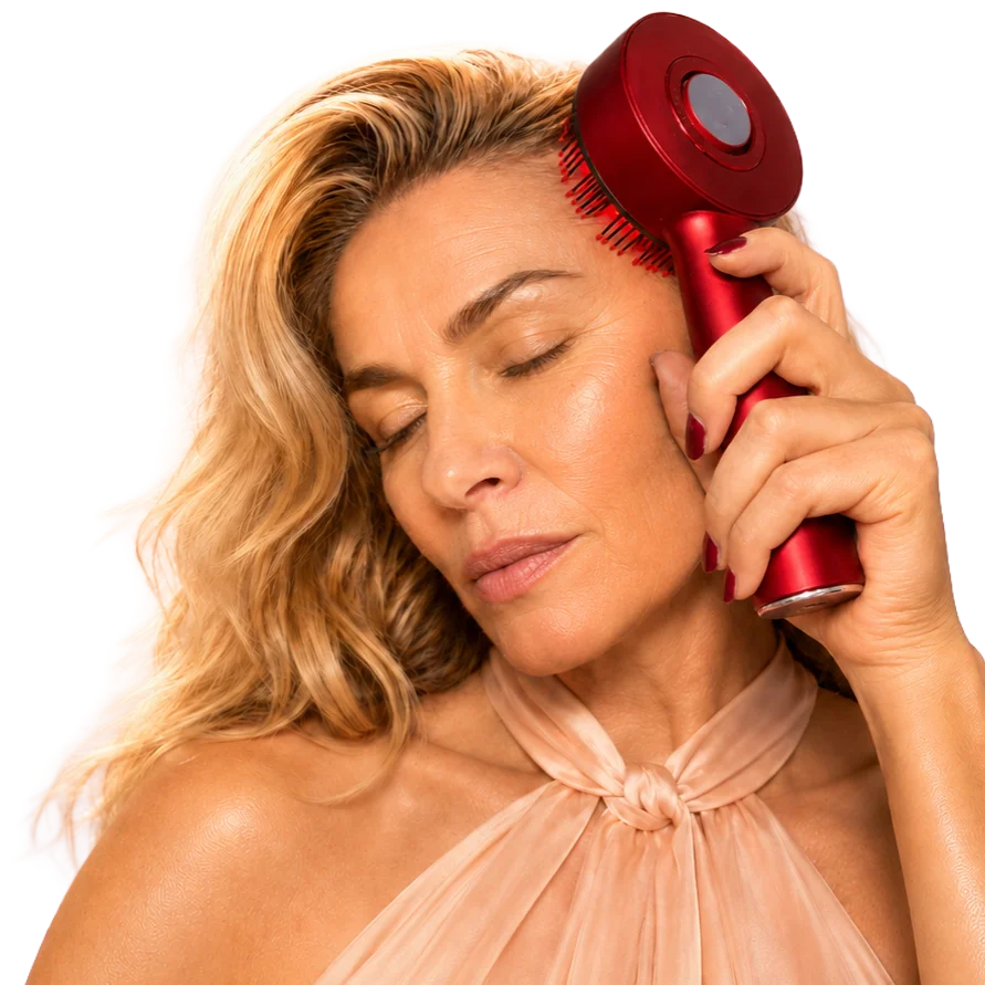 Femme passant la brosse red light sur son cuir chevelu