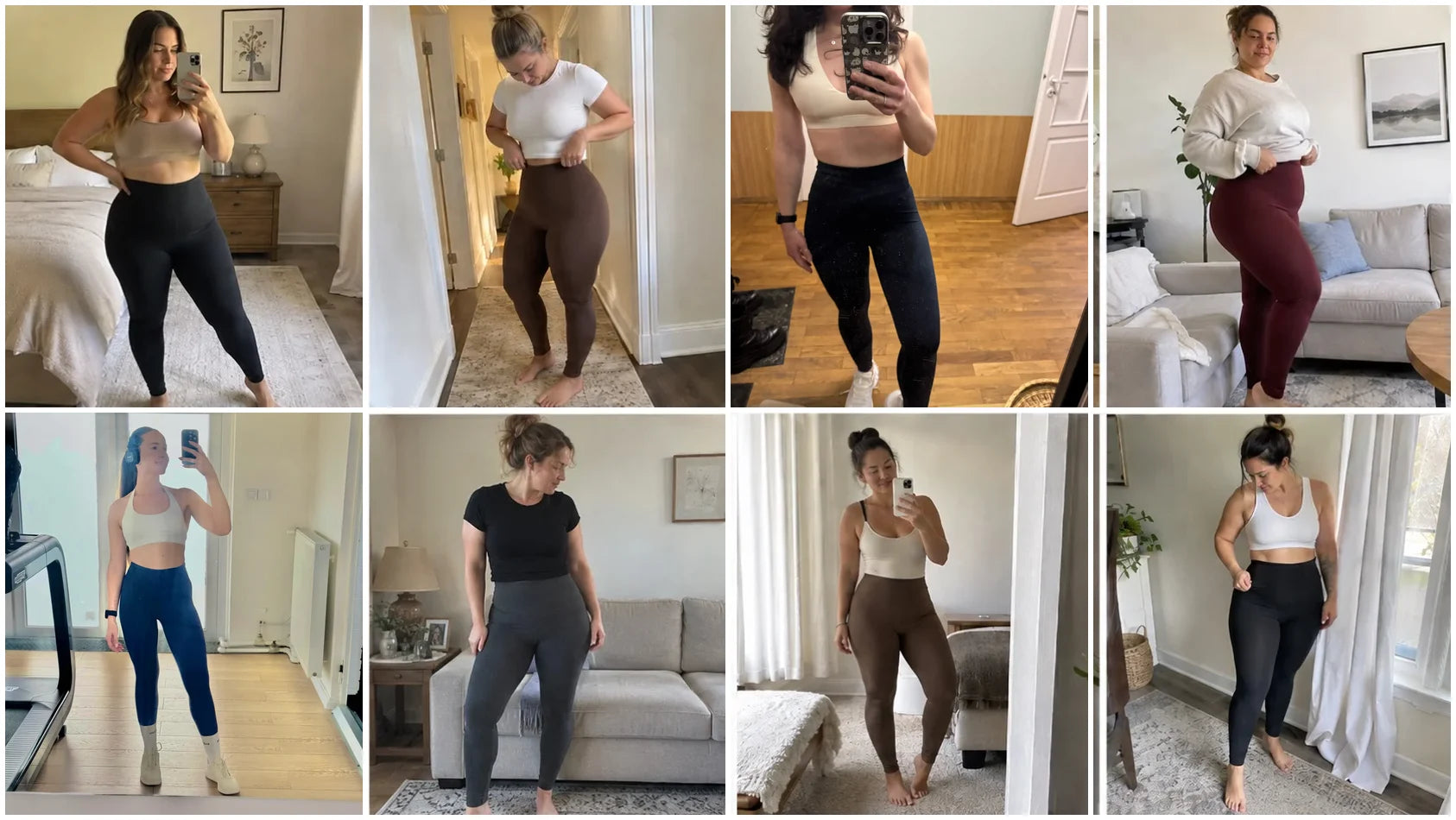 Huit femmes portant le legging de compression, photos miroir prises chez elles