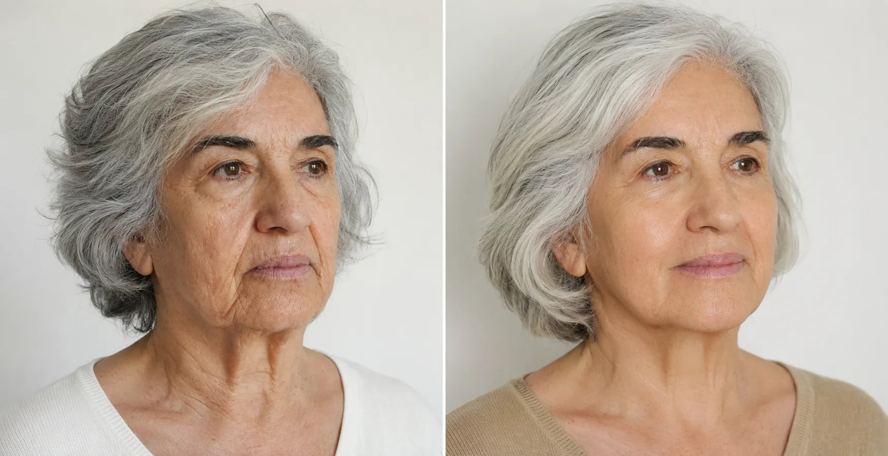 Avant-après sur une femme aux cheveux gris : rides du visage et du cou visiblement estompées, peau plus lisse et lumineuse