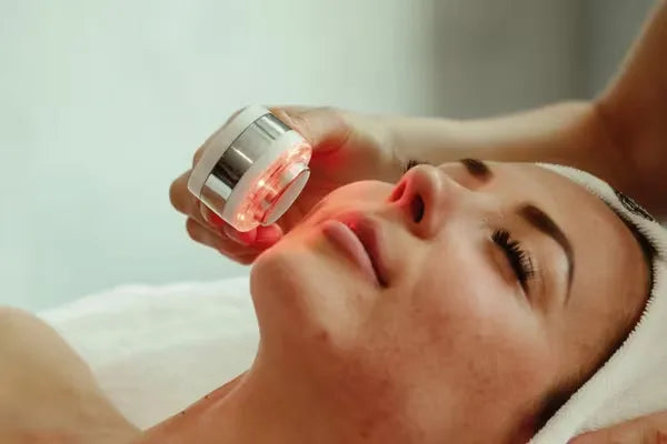 Séance de lumière rouge sur le visage en cabinet, appareil posé sur la joue